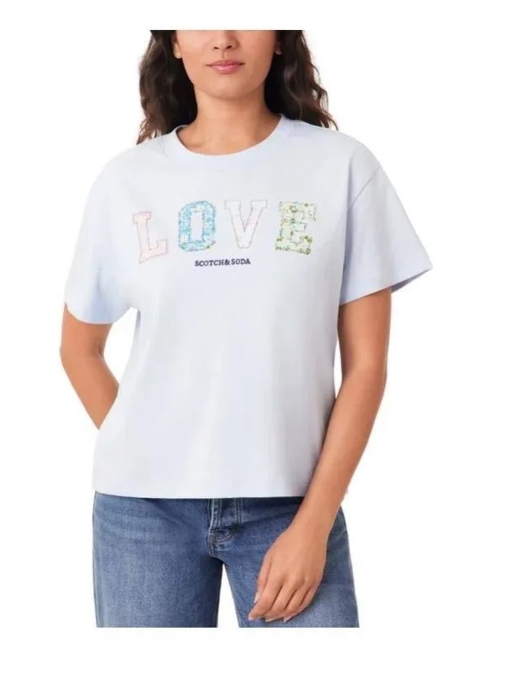 Scotch & Soda Womens T-Shirt Blue Multicolor Love Graphic Short Sleeve